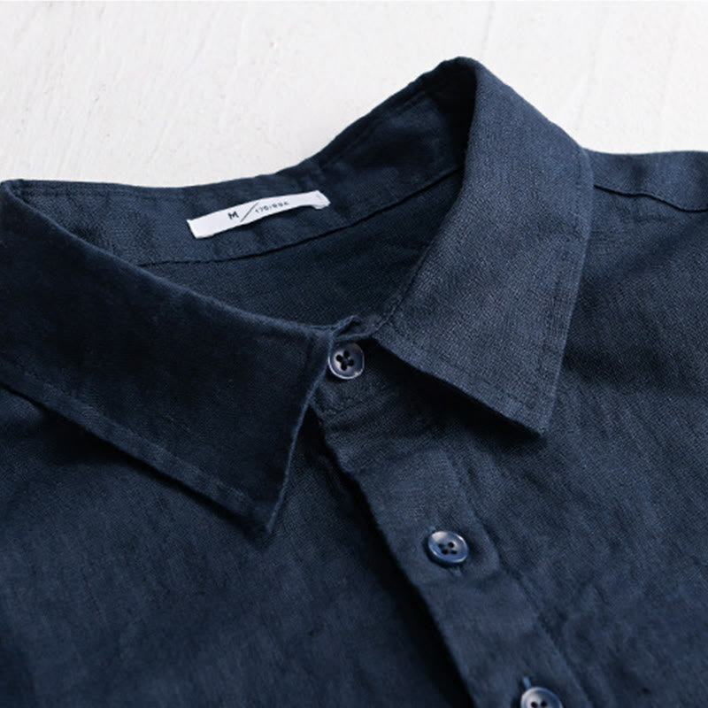 Camisa de lino puro de manga larga con botones y solapa de color liso para hombre de Buddha Stones - image 1