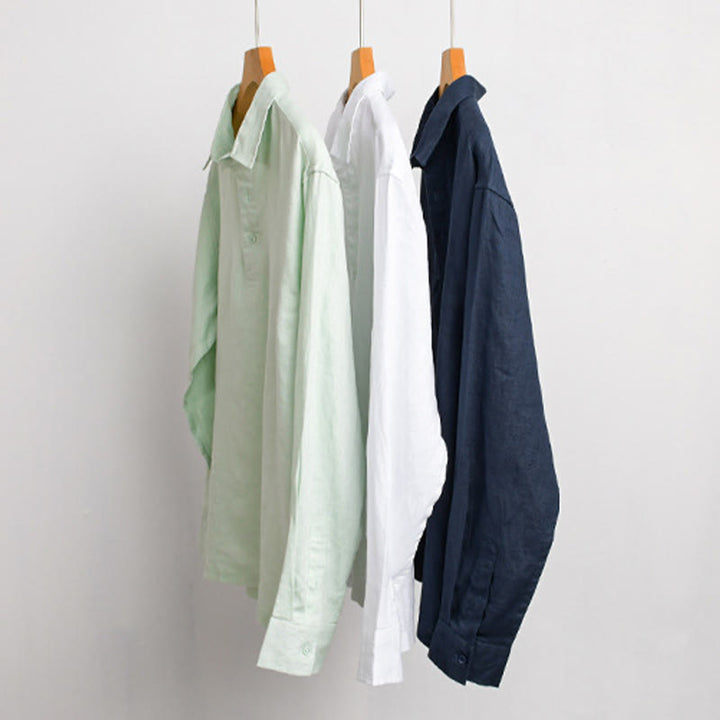 Camisa de lino puro de manga larga con botones y solapa de color liso para hombre de Buddha Stones - image 15