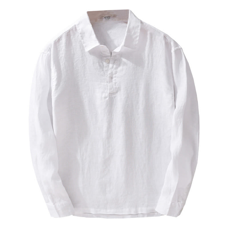 Camisa de lino puro de manga larga con botones y solapa de color liso para hombre de Buddha Stones - image 14