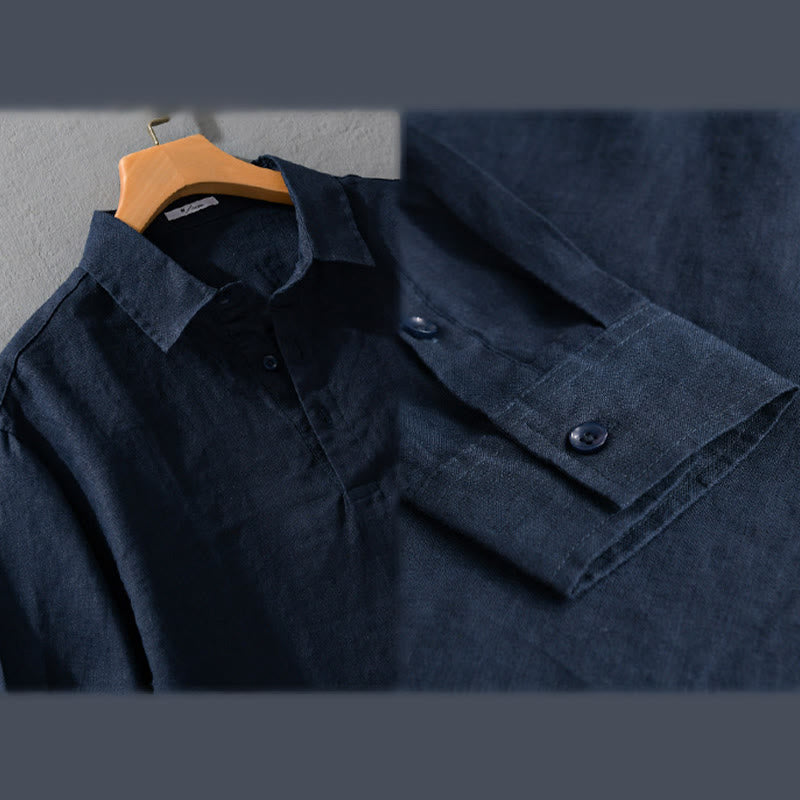 Camisa de lino puro de manga larga con botones y solapa de color liso para hombre de Buddha Stones - image 3