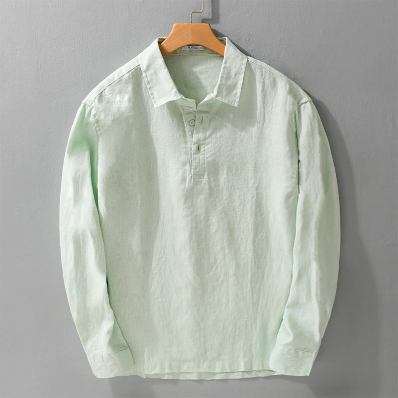 Camisa de lino puro de manga larga con botones y solapa de color liso para hombre de Buddha Stones - Gotas de miel - US/UK/AU42, EU52 (3XL) - image 5