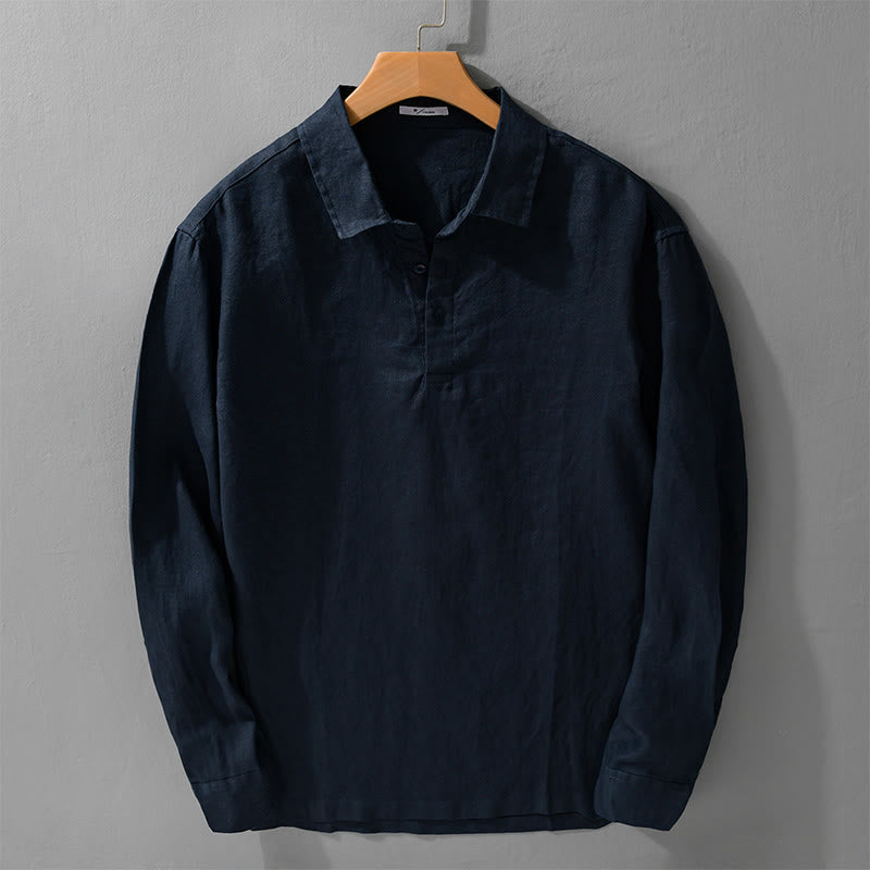 Camisa de lino puro de manga larga con botones y solapa de color liso para hombre de Buddha Stones - Azul medianoche - US/UK/AU42, EU52 (3XL) - image 0