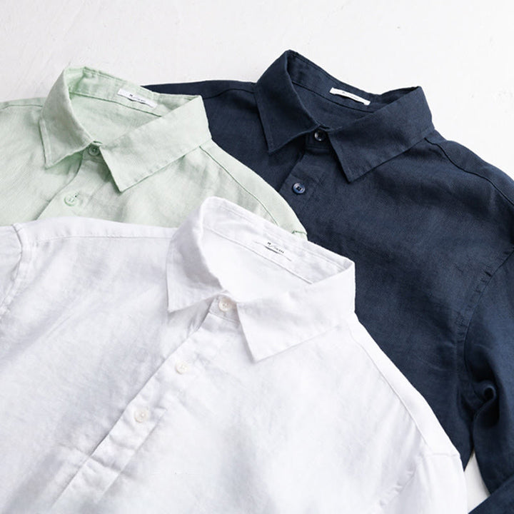 Camisa de lino puro de manga larga con botones y solapa de color liso para hombre de Buddha Stones - image 16