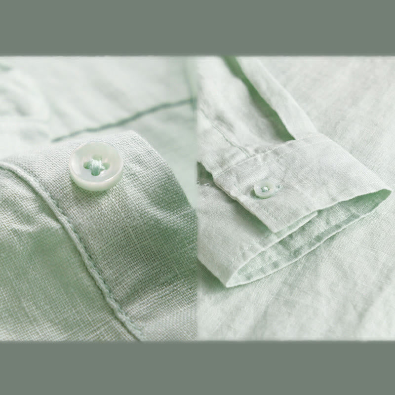 Camisa de lino puro de manga larga con botones y solapa de color liso para hombre de Buddha Stones - image 9