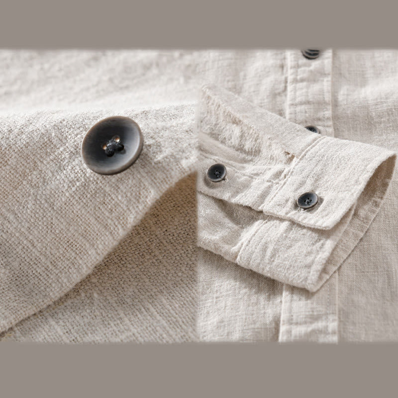Camisa de manga larga de algodón ramio con diseño simple y botones de solapa de color puro para hombre de Buddha Stones - image 3