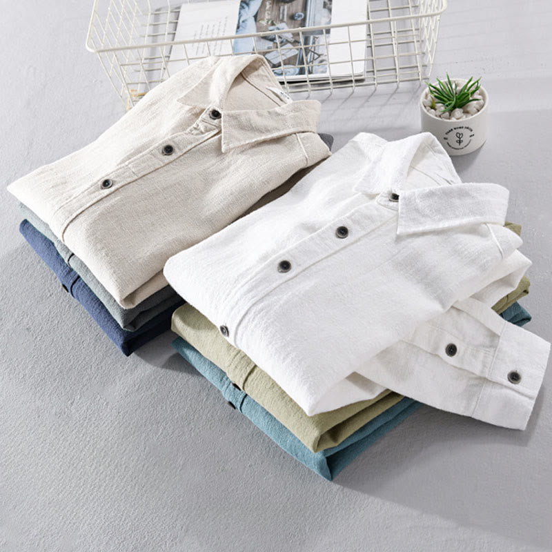 Camisa de manga larga de algodón ramio con diseño simple y botones de solapa de color puro para hombre de Buddha Stones - image 21