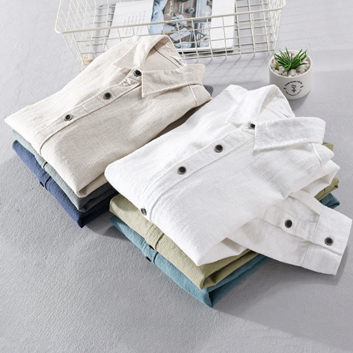 Camisa de manga larga de algodón ramio con diseño simple y botones de solapa de color puro para hombre de Buddha Stones - image 21