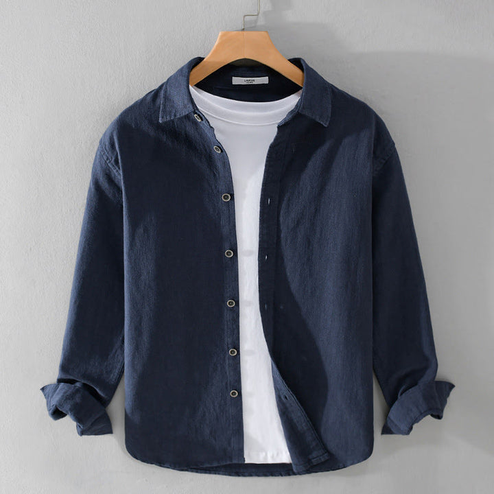 Camisa de manga larga de algodón ramio con diseño simple y botones de solapa de color puro para hombre de Buddha Stones - Azul medianoche - US/UK/AU42, EU52 (3XL) - image 8