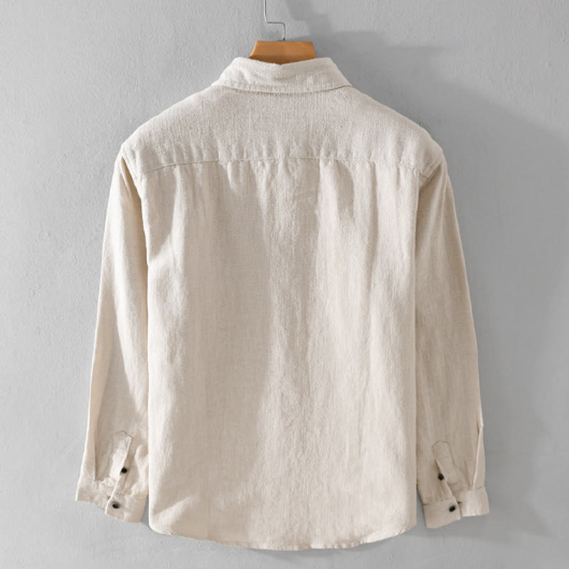 Camisa de manga larga de algodón ramio con diseño simple y botones de solapa de color puro para hombre de Buddha Stones - image 1