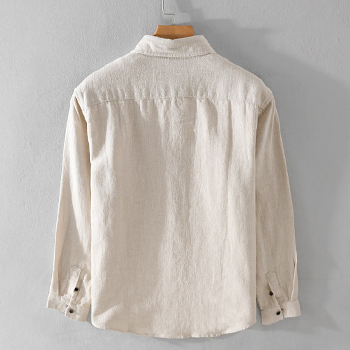 Camisa de manga larga de algodón ramio con diseño simple y botones de solapa de color puro para hombre de Buddha Stones - image 1