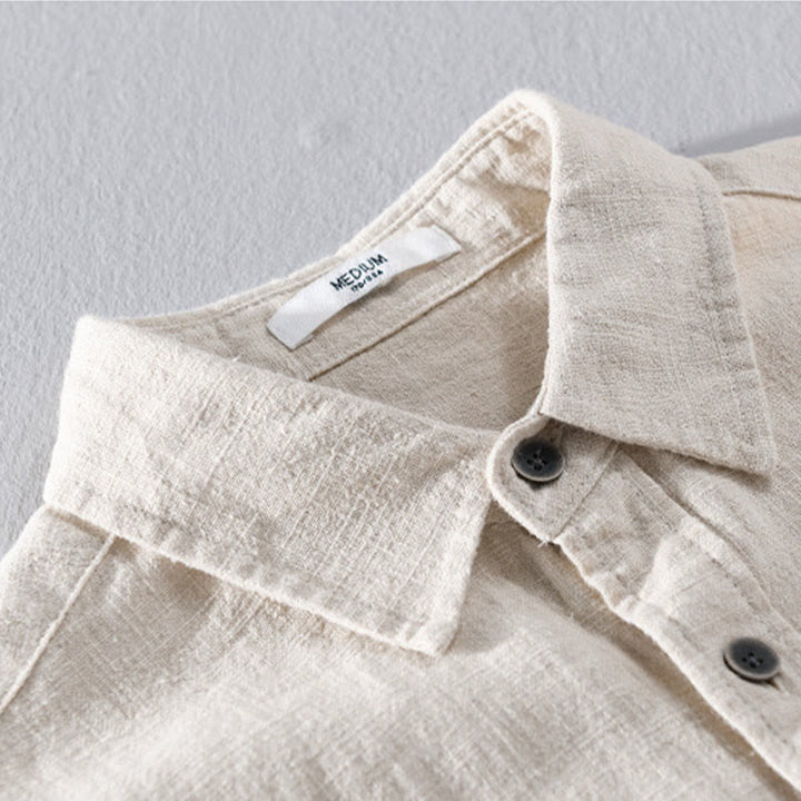 Camisa de manga larga de algodón ramio con diseño simple y botones de solapa de color puro para hombre de Buddha Stones - image 2