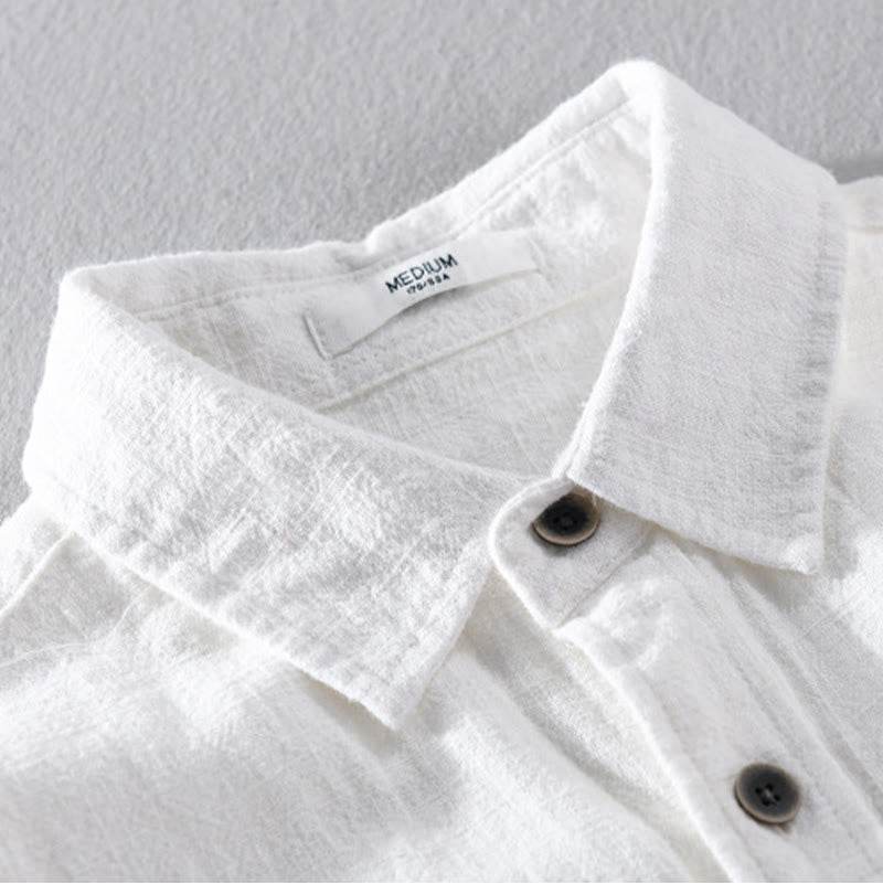 Camisa de manga larga de algodón ramio con diseño simple y botones de solapa de color puro para hombre de Buddha Stones - image 12