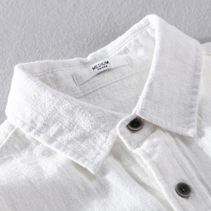Camisa de manga larga de algodón ramio con diseño simple y botones de solapa de color puro para hombre de Buddha Stones - image 12