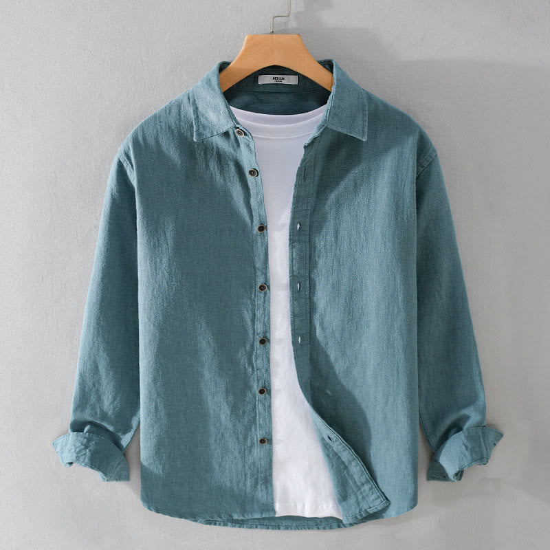 Camisa de manga larga de algodón ramio con diseño simple y botones de solapa de color puro para hombre de Buddha Stones - Verde mar claro - US/UK/AU42, EU52 (3XL) - image 14