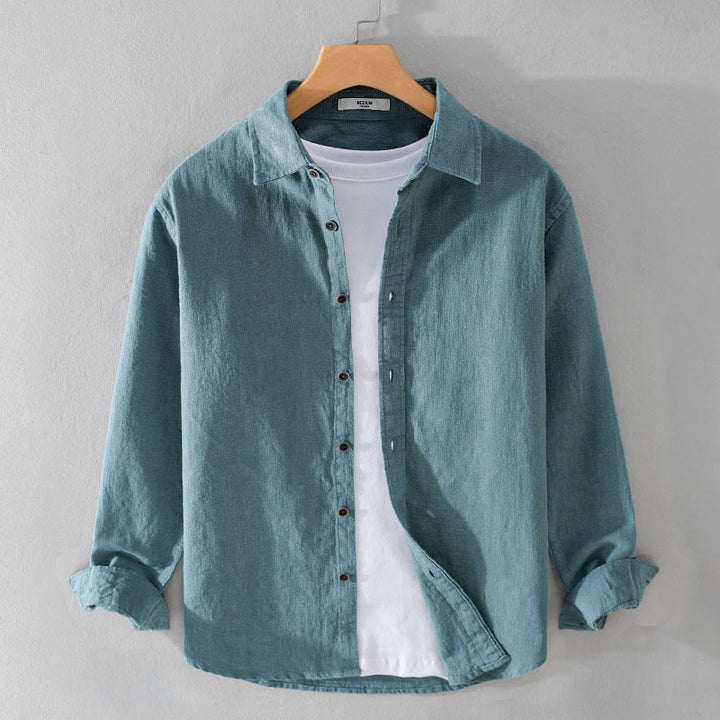 Camisa de manga larga de algodón ramio con diseño simple y botones de solapa de color puro para hombre de Buddha Stones - Verde mar claro - US/UK/AU42, EU52 (3XL) - image 14