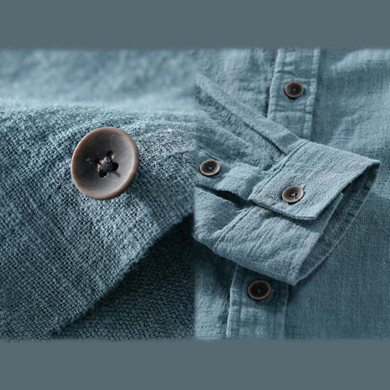 Camisa de manga larga de algodón ramio con diseño simple y botones de solapa de color puro para hombre de Buddha Stones - image 16