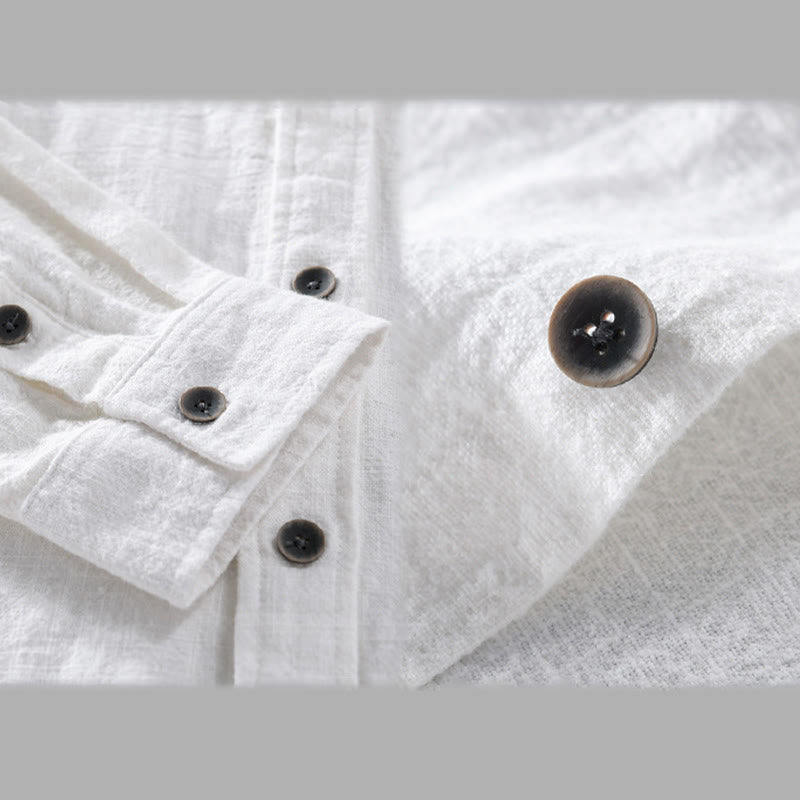 Camisa de manga larga de algodón ramio con diseño simple y botones de solapa de color puro para hombre de Buddha Stones - image 13
