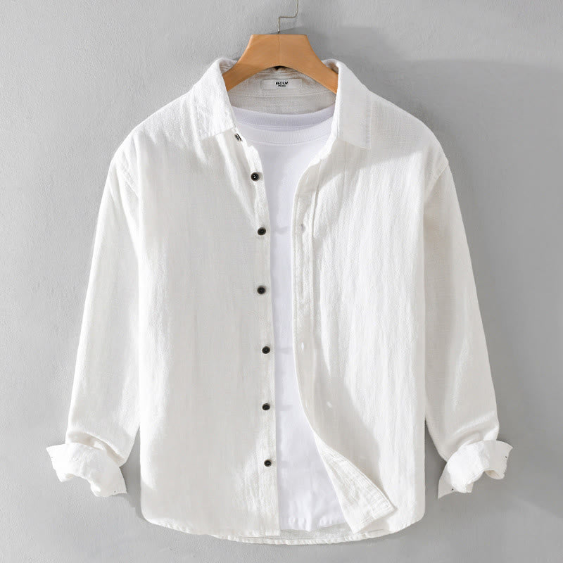 Camisa de manga larga de algodón ramio con diseño simple y botones de solapa de color puro para hombre de Buddha Stones - Blanco - US/UK/AU42, EU52 (3XL) - image 11