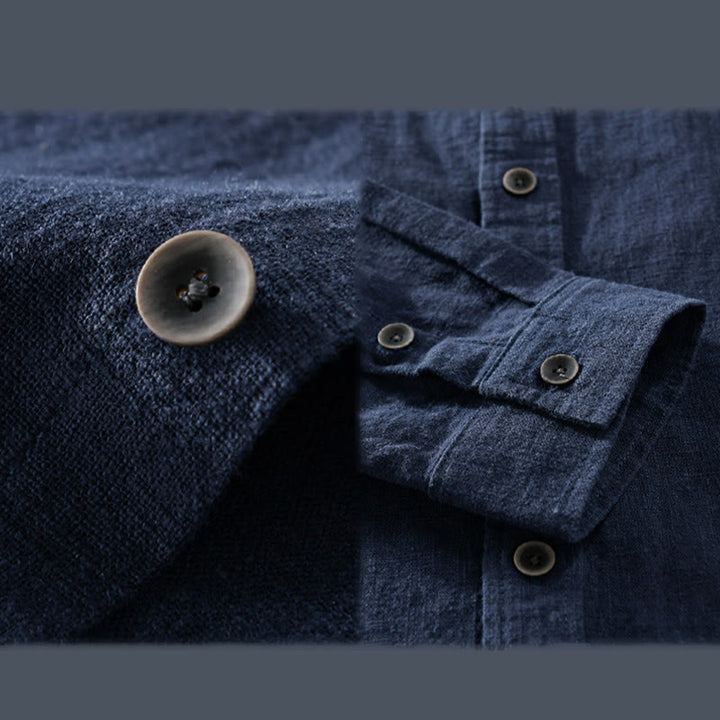 Camisa de manga larga de algodón ramio con diseño simple y botones de solapa de color puro para hombre de Buddha Stones - image 10