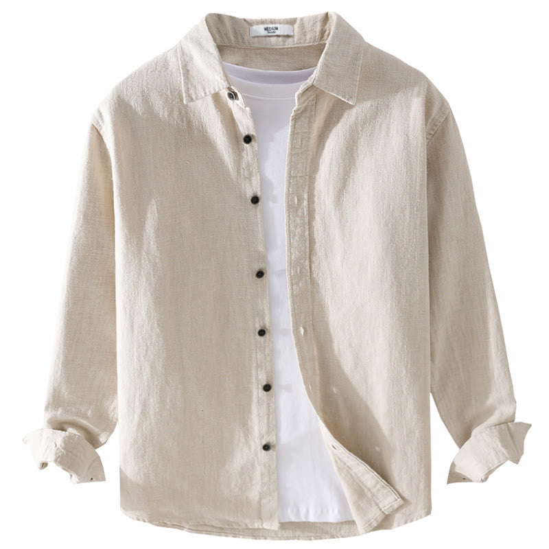 Camisa de manga larga de algodón ramio con diseño simple y botones de solapa de color puro para hombre de Buddha Stones - image 4