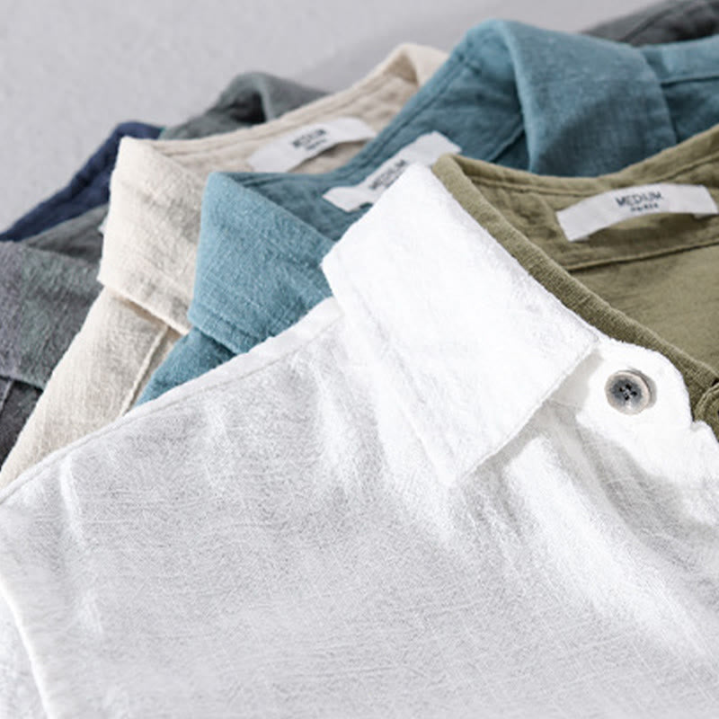 Camisa de manga larga de algodón ramio con diseño simple y botones de solapa de color puro para hombre de Buddha Stones - image 22