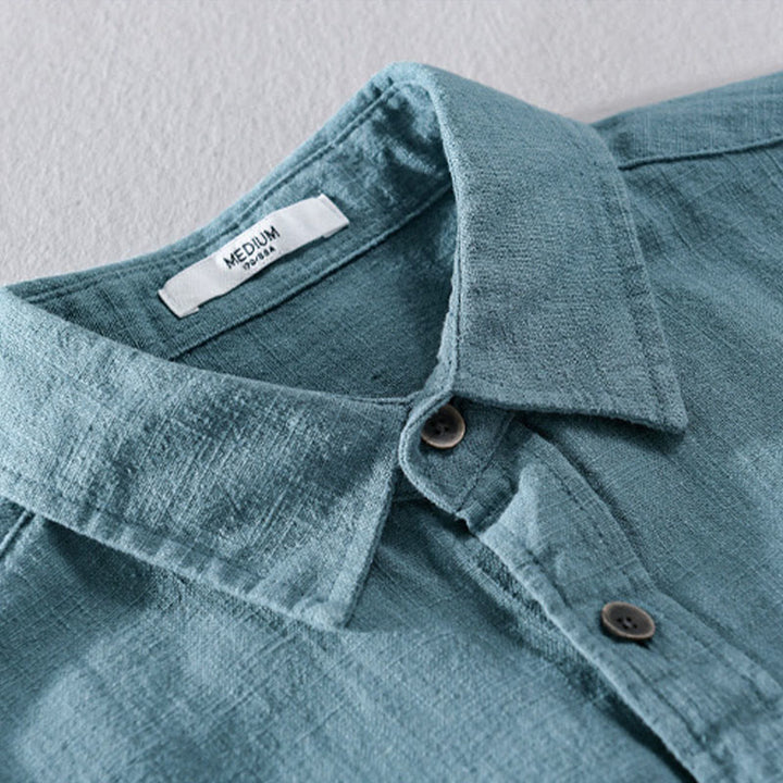 Camisa de manga larga de algodón ramio con diseño simple y botones de solapa de color puro para hombre de Buddha Stones - image 15
