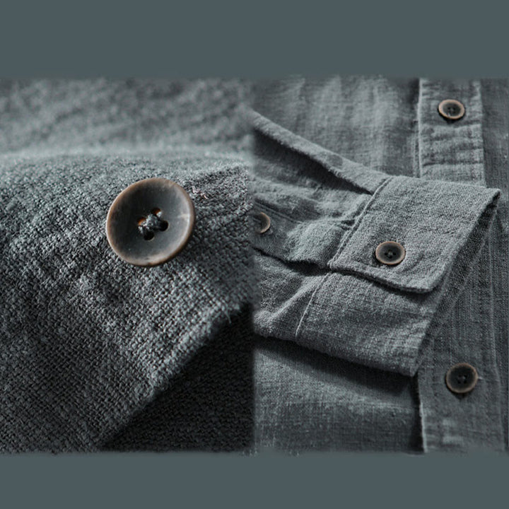 Camisa de manga larga de algodón ramio con diseño simple y botones de solapa de color puro para hombre de Buddha Stones - image 7