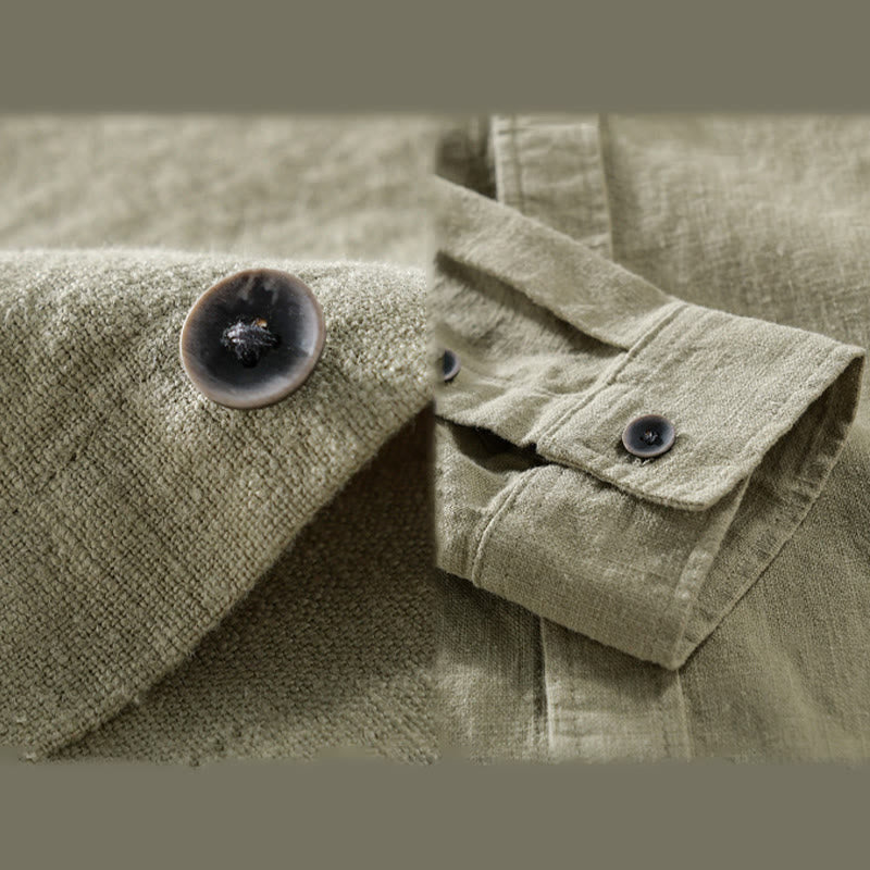 Camisa de manga larga de algodón ramio con diseño simple y botones de solapa de color puro para hombre de Buddha Stones - image 19