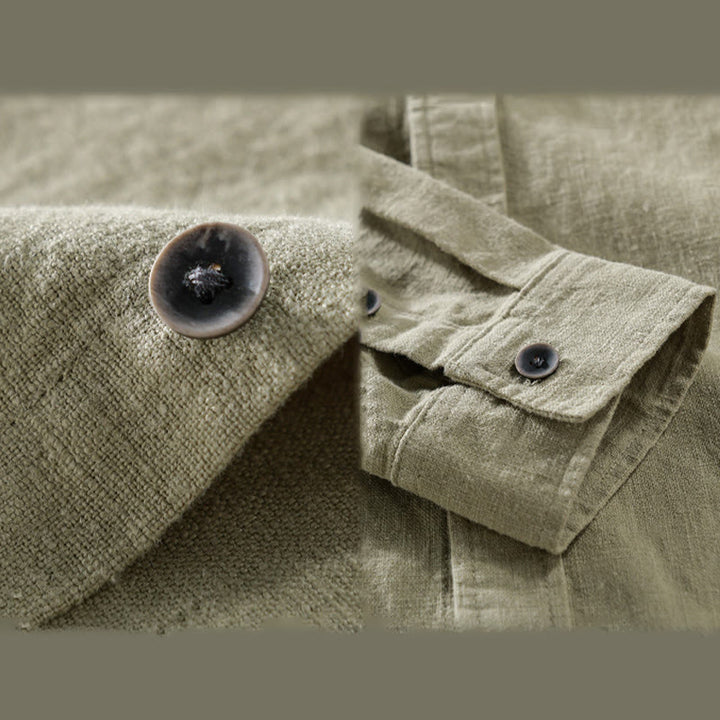Camisa de manga larga de algodón ramio con diseño simple y botones de solapa de color puro para hombre de Buddha Stones - image 19