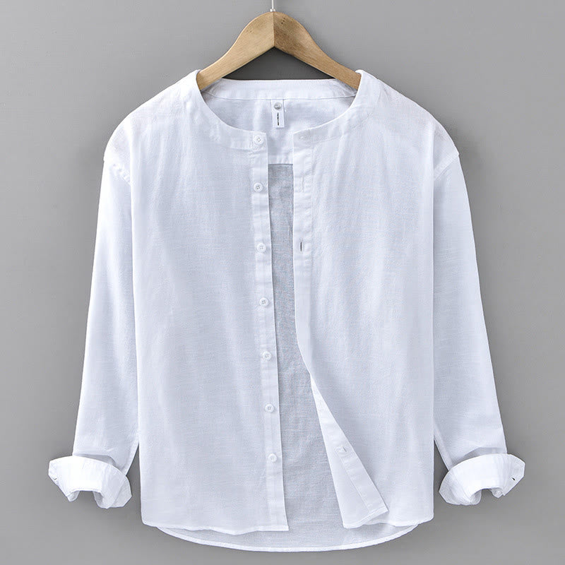 Camisa de manga larga de algodón y lino con cuello alto de color puro para hombre de Buddha Stones , primavera - Blanco - US/UK/AU42, EU52 (3XL) - image 4