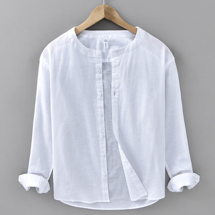 Camisa de manga larga de algodón y lino con cuello alto de color puro para hombre de Buddha Stones , primavera - Blanco - US/UK/AU42, EU52 (3XL) - image 4