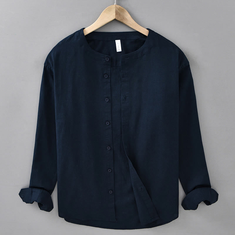 Camisa de manga larga de algodón y lino con cuello alto de color puro para hombre de Buddha Stones , primavera - Azul medianoche - US/UK/AU42, EU52 (3XL) - image 0