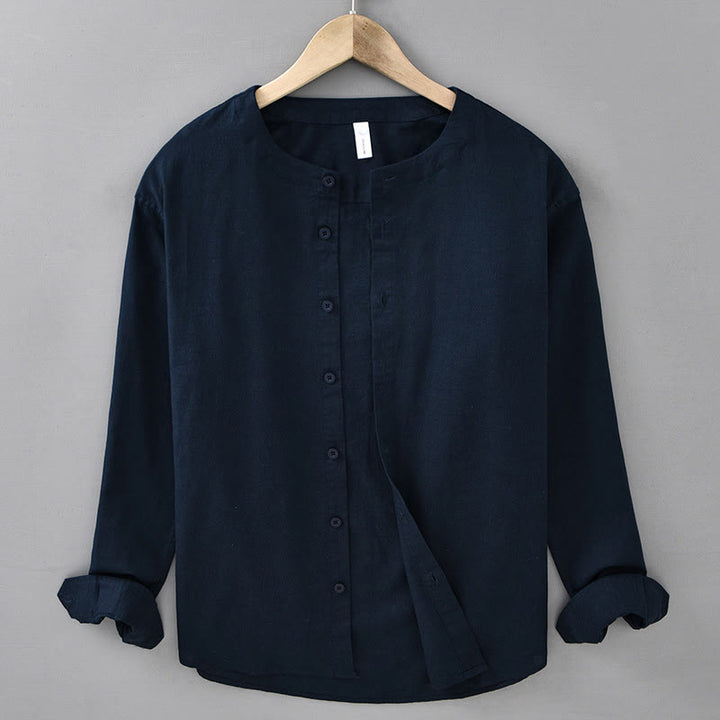Camisa de manga larga de algodón y lino con cuello alto de color puro para hombre de Buddha Stones , primavera - Azul medianoche - US/UK/AU42, EU52 (3XL) - image 0