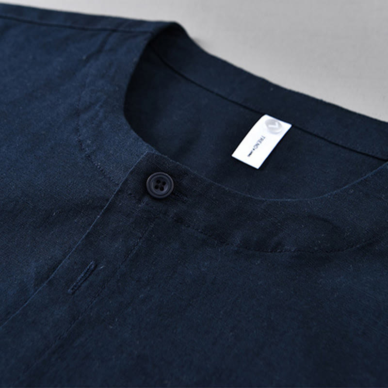 Camisa de manga larga de algodón y lino con cuello alto de color puro para hombre de Buddha Stones , primavera - image 1