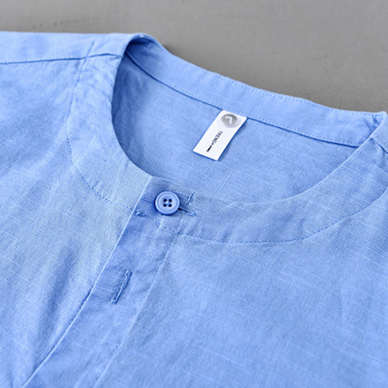 Camisa de manga larga de algodón y lino con cuello alto de color puro para hombre de Buddha Stones , primavera - image 18