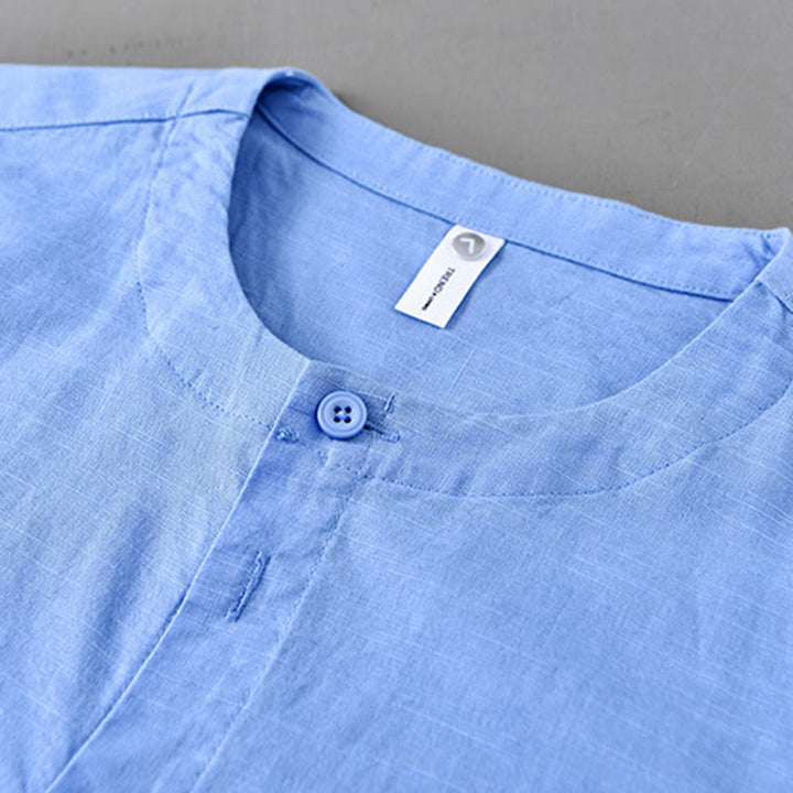 Camisa de manga larga de algodón y lino con cuello alto de color puro para hombre de Buddha Stones , primavera - image 18