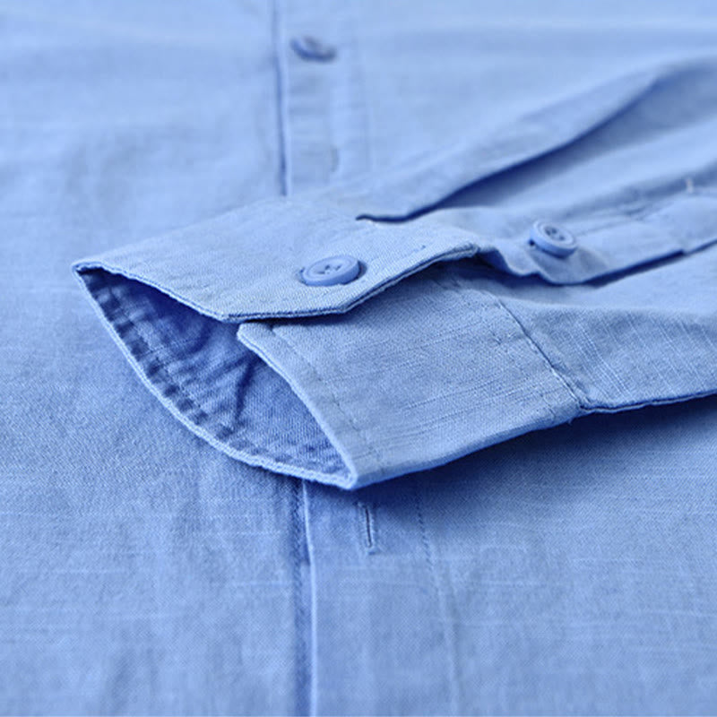 Camisa de manga larga de algodón y lino con cuello alto de color puro para hombre de Buddha Stones , primavera - image 20