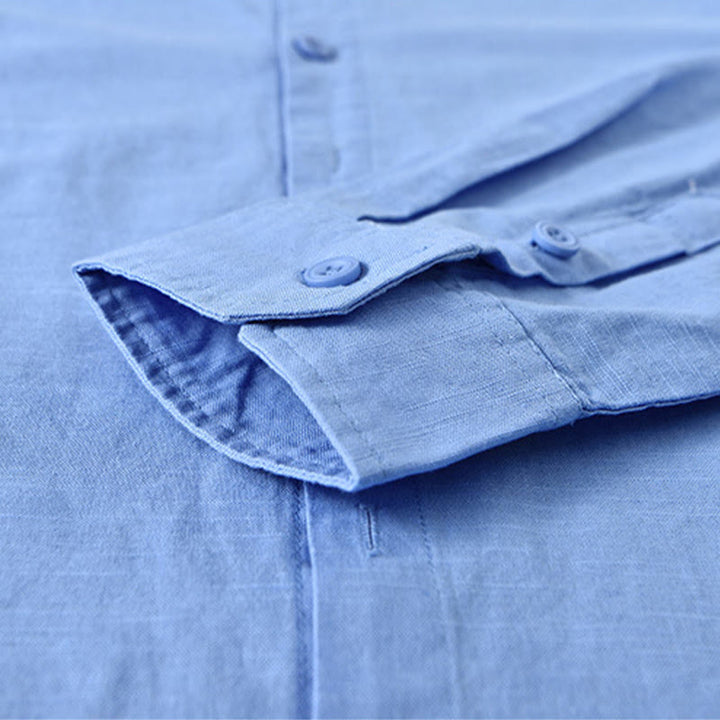 Camisa de manga larga de algodón y lino con cuello alto de color puro para hombre de Buddha Stones , primavera - image 20
