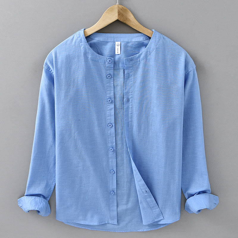 Camisa de manga larga de algodón y lino con cuello alto de color puro para hombre de Buddha Stones , primavera - DodgerBlue - US/UK/AU42, EU52 (3XL) - image 17