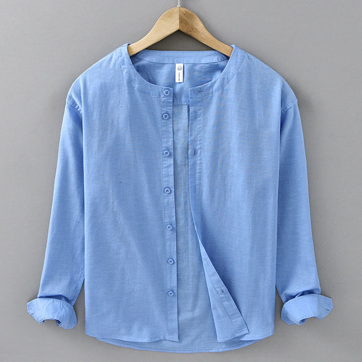 Camisa de manga larga de algodón y lino con cuello alto de color puro para hombre de Buddha Stones , primavera - DodgerBlue - US/UK/AU42, EU52 (3XL) - image 17