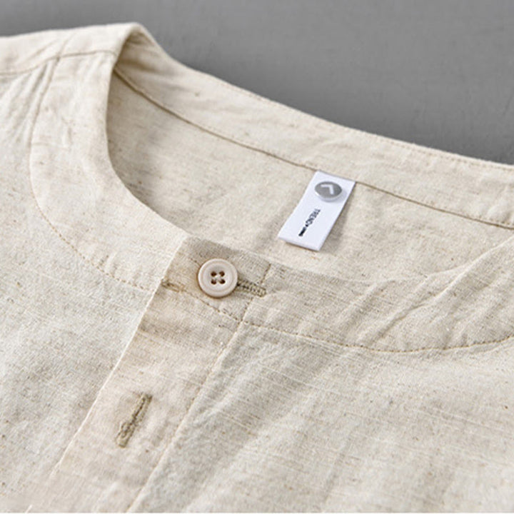 Camisa de manga larga de algodón y lino con cuello alto de color puro para hombre de Buddha Stones , primavera - image 10