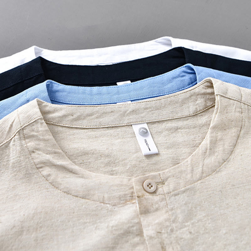 Camisa de manga larga de algodón y lino con cuello alto de color puro para hombre de Buddha Stones , primavera - image 21