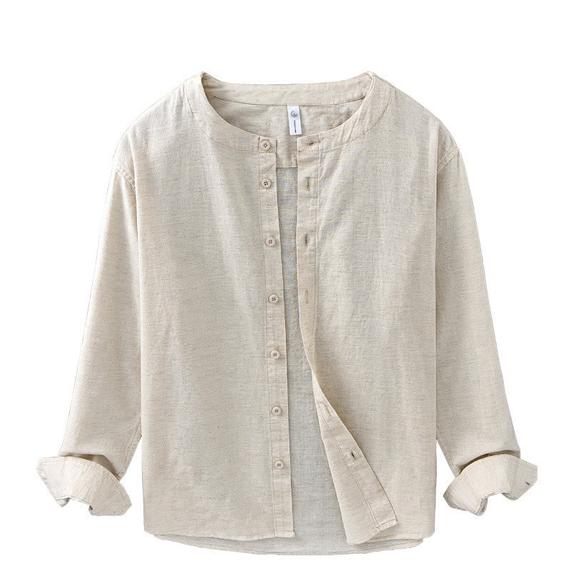 Camisa de manga larga de algodón y lino con cuello alto de color puro para hombre de Buddha Stones , primavera - image 16