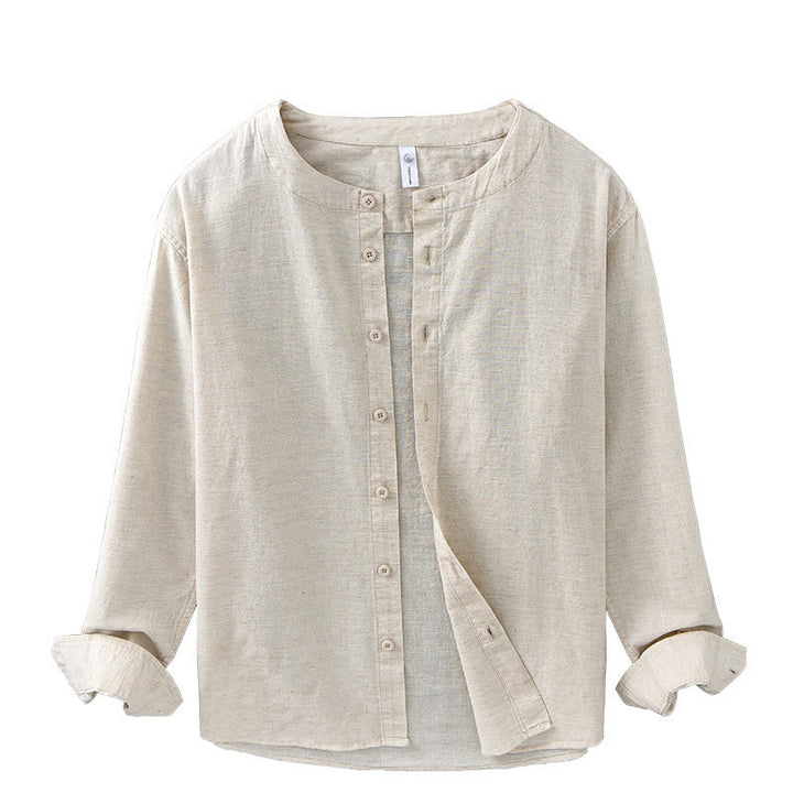 Camisa de manga larga de algodón y lino con cuello alto de color puro para hombre de Buddha Stones , primavera - image 16