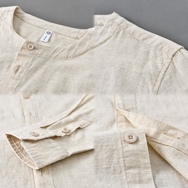 Camisa de manga larga de algodón y lino con cuello alto de color puro para hombre de Buddha Stones , primavera - image 15