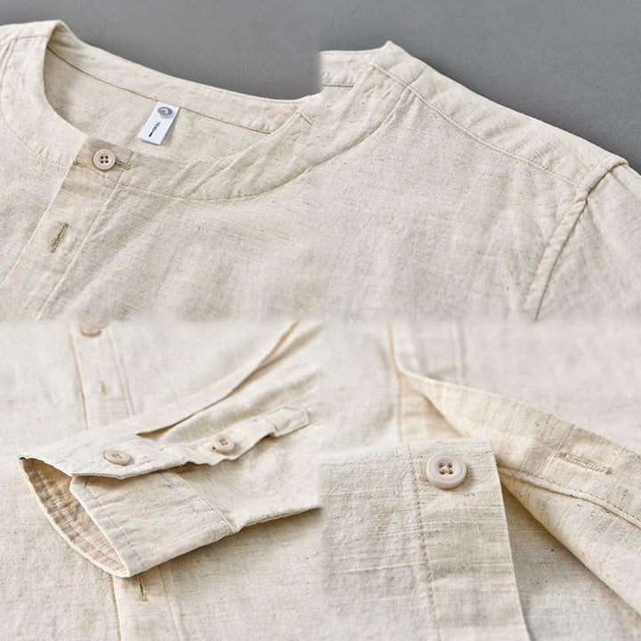 Camisa de manga larga de algodón y lino con cuello alto de color puro para hombre de Buddha Stones , primavera - image 15