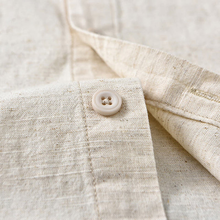 Camisa de manga larga de algodón y lino con cuello alto de color puro para hombre de Buddha Stones , primavera - image 12