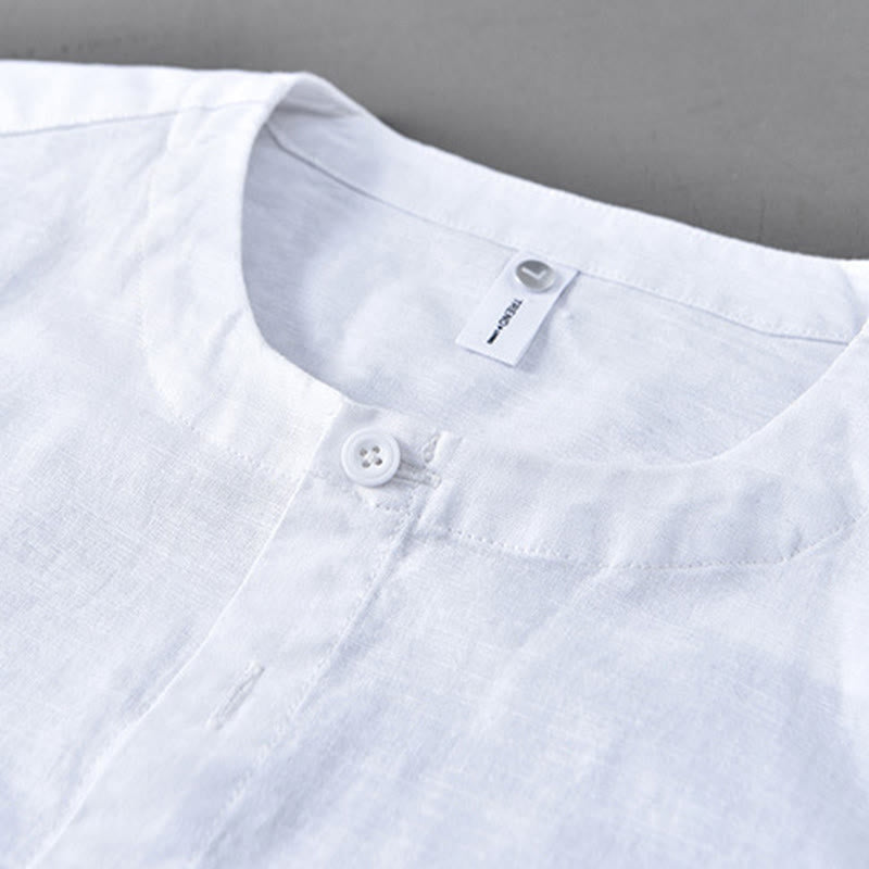 Camisa de manga larga de algodón y lino con cuello alto de color puro para hombre de Buddha Stones , primavera - image 5