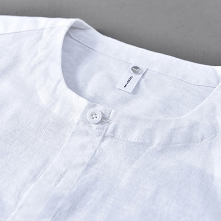 Camisa de manga larga de algodón y lino con cuello alto de color puro para hombre de Buddha Stones , primavera - image 5