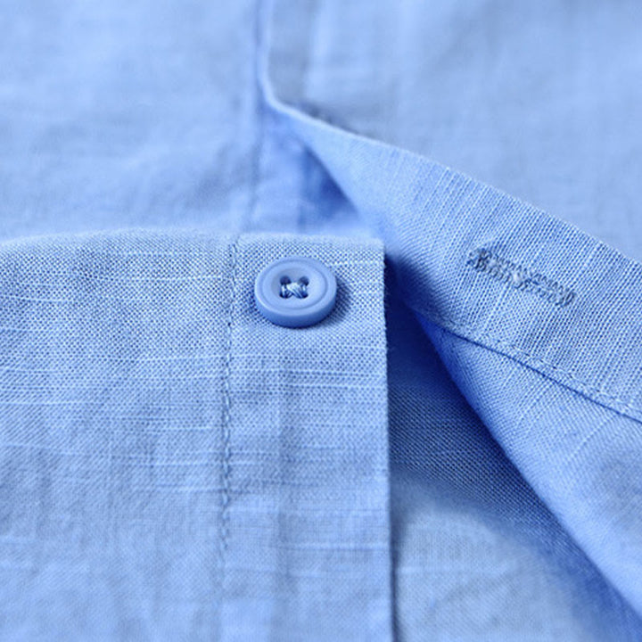 Camisa de manga larga de algodón y lino con cuello alto de color puro para hombre de Buddha Stones , primavera - image 19